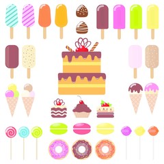 Set of various sweets. Ice cream, cake, cake, donut, macaroon, Lollipop, candy, chocolate. Vector flat illustration.