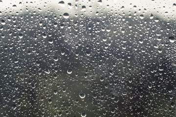 Fresh rain splash drops on a window with background green nature in Blur 