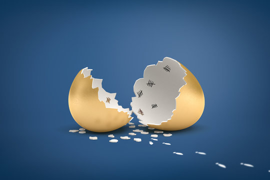 3d rendering of a broken golden eggshell with tally marks drawn on the inside of the shell.