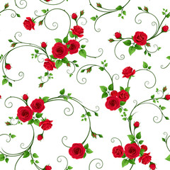 Vector seamless pattern with red roses on a white background.