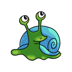 Cute green snail with blue shell looks in the air