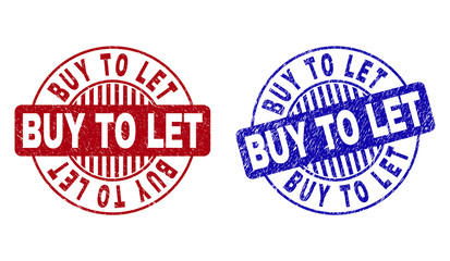 Grunge BUY TO LET round stamp seals isolated on a white background. Round seals with grunge texture in red and blue colors. Vector rubber imprint of BUY TO LET title inside circle form with stripes.