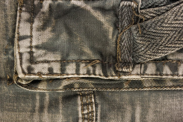 clothing items washed cotton fabric texture with seams, clasps, buttons and rivets