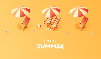 Summer. Vacation and travel concept. Umbrella, beach chair and a ball on the beach. Flat style vector illustration