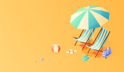 Summer. Vacation and travel concept. Umbrella, beach chair and a ball on the beach. Flat style vector illustration