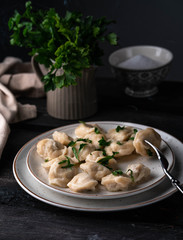dumplings, pastry with a filling, on a rustic plate, dark wooden backdrop, parsley on background