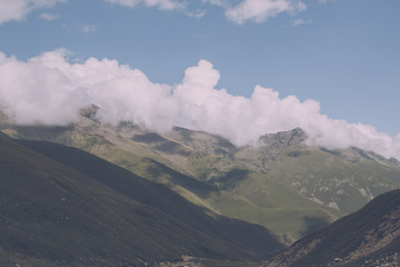 Panorama view of mountains scenes in national park Dombay, Caucasus