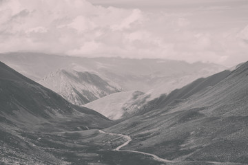 Panorama of road in mountains ofnational park Dombay, Caucasus