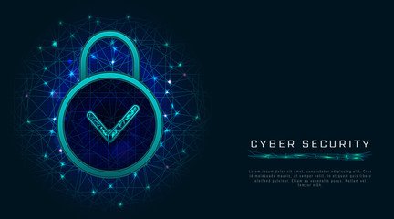 Data protection design with padlock and check mark icon on abstract technology background. Cyber security concept.