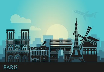 Stylized landscape of Paris with Eiffel tower, arc de Triomphe and Notre Dame Cathedral and other attractions