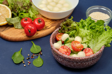 fresh vegetables and a bowl of salad with mozzarella on a blue background.  Caprese salad . Lettuce, cherry tomatoes, mozzarella, 