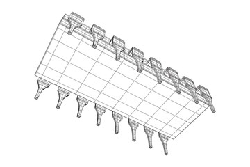 Microchip quantum processor, micro-processor with board electronic CPU wireframe low poly mesh vector illustration