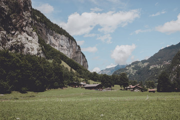 View valley of waterfalls in national park of city Lauterbrunnen, Switzerland