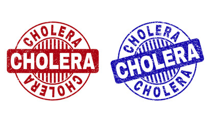 Grunge CHOLERA round stamp seals isolated on a white background. Round seals with grunge texture in red and blue colors. Vector rubber imitation of CHOLERA label inside circle form with stripes.