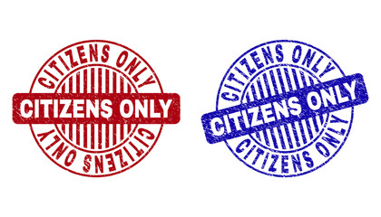 Grunge CITIZENS ONLY round stamps isolated on a white background. Round seals with grunge texture in red and blue colors. Vector rubber imprint of CITIZENS ONLY text inside circle form with stripes.