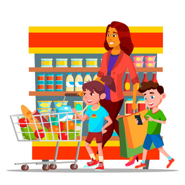 Mother With Children Shopping in Hypermarket Vector Characters. Cartoon  Family Shopping In Grocery Shop. Mall, Supermarket. Buyers Carrying Bags  Drawing. Mom And Kids Buying Food Flat Illustration Stock Vector | Adobe  Stock