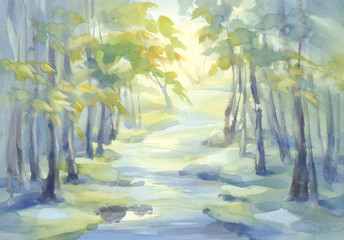 spring forest with a river in the green light watercolor background