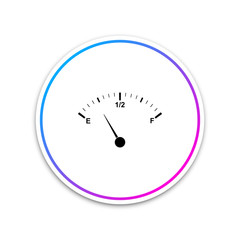 Motor gas gauge icon isolated on white background. Empty fuel meter. Full tank indication. Circle white button. Vector Illustration
