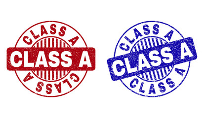 Grunge CLASS A round stamp seals isolated on a white background. Round seals with grunge texture in red and blue colors. Vector rubber imprint of CLASS A title inside circle form with stripes.