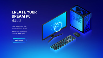 Gaming, workstation and mining computer workspace components set isometric illustration, custom assembly computer components for workstation, pc store and service