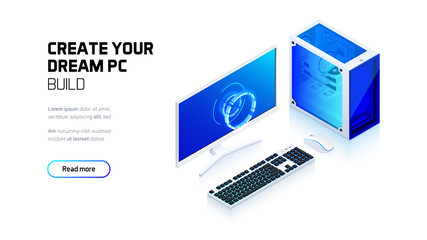 Gaming, workstation and mining computer workspace components set isometric illustration, custom assembly computer components for workstation, pc store and service