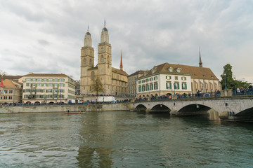 Zurich, ZH / Switzerland - April 8, 2019: Zurich cityscape with many people leaving at the end of the traditional spring festival of Sechselauten in April