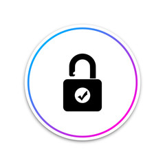 Open padlock and check mark icon isolated on white background. Security check lock sign. Circle white button. Vector Illustration