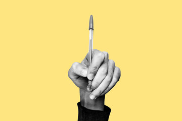 Concept of freedom of speech and information, stop censorship. Hand holding an open pen in black...