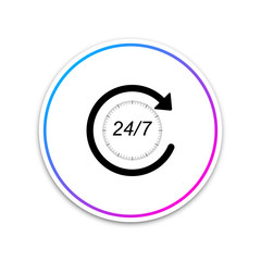 Open 24 hours a day and 7 days a week icon isolated on white background. All day cyclic icon. Circle white button. Vector Illustration