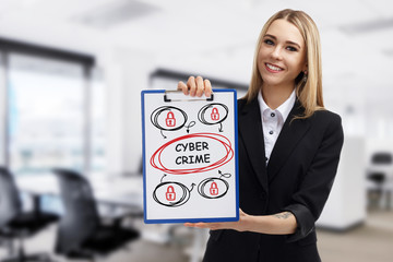 Business, technology, internet and networking concept. Young entrepreneur showing keyword:  Cyber...