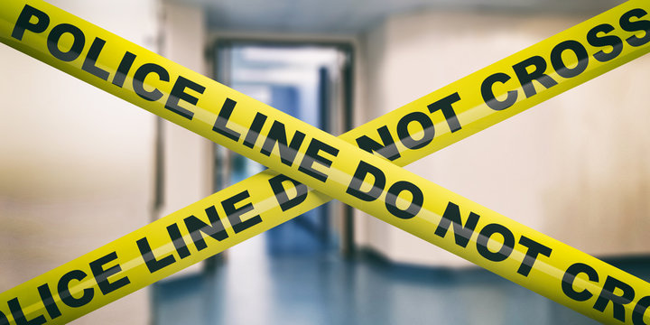 Police Line. Warning Yellow Tape, Text Do Not Cross, Blur Office Background. 3d Illustration