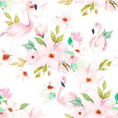 Summer seamless pattern. Floral print with flamingo. Watercolor style. Vector illustration