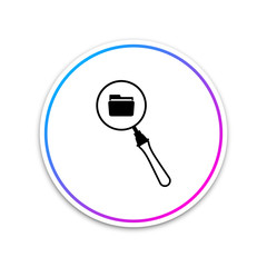 Search concept with folder icon isolated on white background. Magnifying glass and document. Data and information sign. Circle white button. Vector Illustration