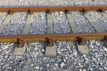 Top view on Train Tracks. Close up of train tracks. Railway close up, Train tracks, Rail-train infrastructure. Railway close up. Direction, journey.