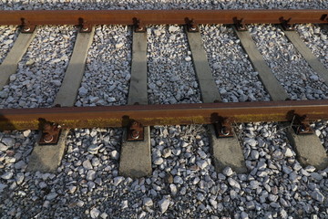 Top view on Train Tracks. Close up of train tracks. Railway close up, Train tracks, Rail-train infrastructure. Railway close up. Direction, journey.