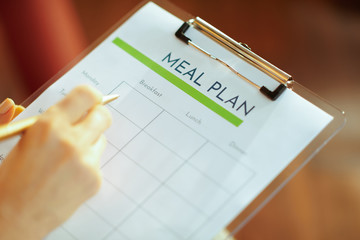 Closeup on female hands filling meal plan in modern living room