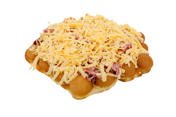 Hong Kong waffle with ham and tomato sauce, pizza, isolate on white background side view