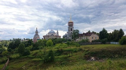 View on Novotorgsky Borisoglebsky Monastery in Torzhok. It is a town in Tver Oblast, Russia, located on the Tvertsa River. Torzhok is famous for its folk craft of goldwork embroidery.