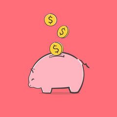 Piggy bank icon. A saving or investment plan concept idea with international currency falling into the piggy bank. Financial illustration