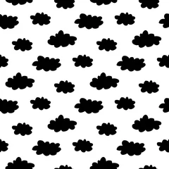 Selbstklebende Fototapeten Cute cartoon thundercloud pattern with hand drawn clouds. Sweet vector black and white thundercloud pattern. Seamless monochrome doodle thundercloud pattern for textile, wallpapers and wrapping. © penarulit