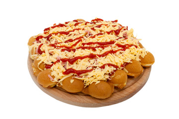 Pizza on the Hong Kong waffle, on a wooden board, on a white background. Use for the design of food sites, blogs, menus.