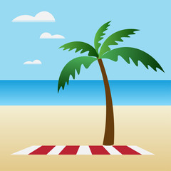 Summer landscape background tropical beach with a palm tree, a striped red white towel lies on the sand, in the distance you can see the sea and the sky with clouds. Flat design, vector illustration