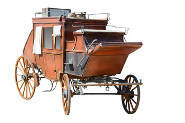 Old wooden carriage on a white background.