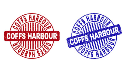 Grunge COFFS HARBOUR round stamp seals isolated on a white background. Round seals with grunge texture in red and blue colors.