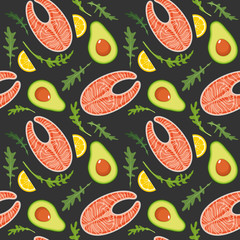 Seamless pattern on dark background with salmon, avocado, arugula and lemon slice. Red fish and avocado background. Vector illustration.