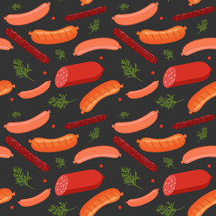 Seamless pattern on dark background with sausages and salami. Sausage, salami and meat food with dill and peppercorns. Vector illustration.