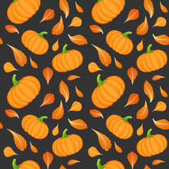 Seamless pattern on dark background with orange pumpkin. Pumpkin vegetable. Autumn background. Vector illustration.