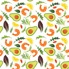 Seamless pattern on white background with shrimp, avocado, arugula, chilli and lemon slice. Shrimp salad with avocado background. Vector illustration.