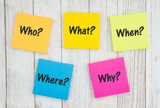 The 5 Ws question on six sticky notes  on weathered whitewash textured wood