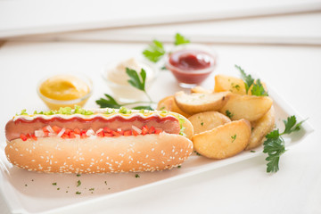 Close-up of hot dogs. Background in light and white, decorated with elegant white dishes
